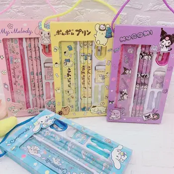 Sanrio Toys Набор канцелярских принадлежностей с мультяшным рисунком Hello Kitty Melody Kuromi Cinnamoroll Pompom Purin Anime Kids Student Learning Stationery