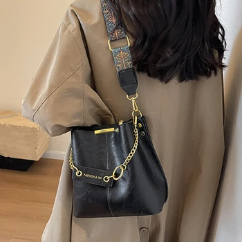 Модная сумка-мешок с цепочками, сумки через плечо на широком ремне для женщин, высококачественные женские сумки, брендовые сумки для поездок на работу, женская сумка через плечо