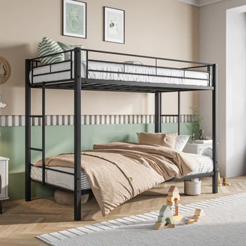 Металлическая двухъярусная кровать Twin Над Twin, сверхпрочные двухъярусные кровати Twin с полкой и решетчатой опорой, пружинный блок не требуется Черный