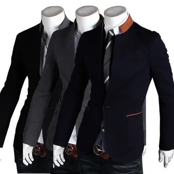 Брендовый мужской модный костюм, пальто, пиджак, Формальный блейзер с воротником-стойкой на одной пуговице, приталенные куртки, верхняя одежда, 3 цвета